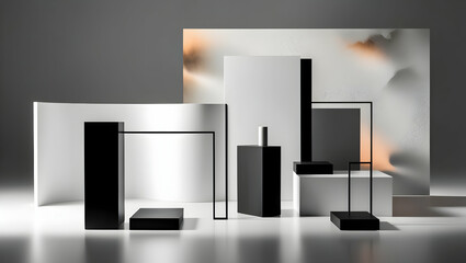 Poster - Minimalist Geometry: A study in contrasts, this image features black and white geometric shapes arranged artfully on a monochrome surface.