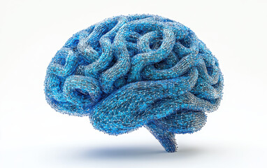 Poster - A detailed  illustration of a blue human brain made of interconnected digital lines, symbolizing intelligence and technology.