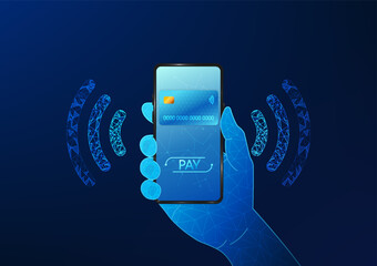 Poster - Smartphone technology with NFC scanning system for contactless mobile payments, no need to carry credit cards and wallets. Mobile phones with credit cards on the front and Contactless Payment symbol