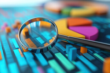 Poster - Close-up of magnifying glass analyzing colorful charts and graphs on a digital screen, representing data analysis and business insights