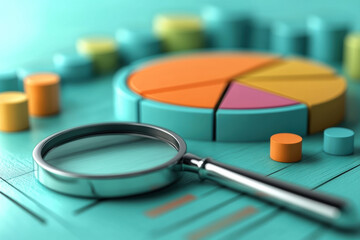 Poster - Magnifying glass examining colorful  pie chart and data blocks on a turquoise surface, representing analytics and financial insights.