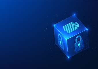 Fototapete - Data Security Technology Cube box with lock and fingerprint scanner conveys the idea that access to sensitive data with advanced security requires identification to confirm access.