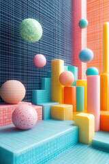 Poster - Abstract geometric composition with colorful spheres and columns arranged on a grid background. Modern and vibrant  .