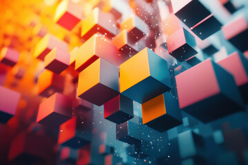 Poster - Abstract futuristic background featuring vibrant  cubes in dynamic colors, creating a sense of movement and modern digital technology.