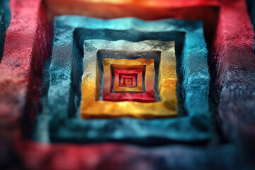 Poster - Vibrant geometric abstract art featuring concentric squares in a bold palette of red, blue, and yellow. Dynamic texture and color create visual depth.