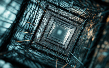 Poster - Abstract view inside a geometric structure with intricate wires and a mysterious, illuminated central point, evoking a sense of depth and complexity.