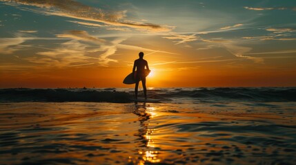 Wall Mural - Silhouette of a surfer at sunset on the atlantic ocean in Lacanau France, panorama and surf concept 