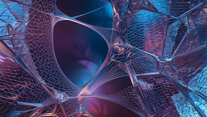 Poster - Abstract Metallic Grid in Vibrant Hues: A mesmerizing abstract design featuring a metallic grid flowing through a vibrant neon landscape, creating a futuristic and ethereal visual.  