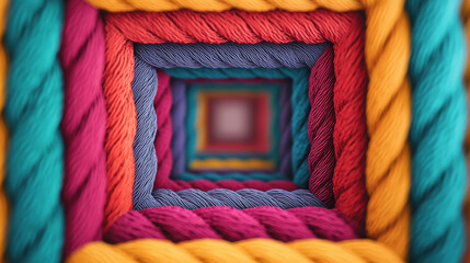 Poster - Vibrant colorful abstract pattern of intertwined ropes forming a mesmerizing square tunnel. Artistic texture background for creative designs.
