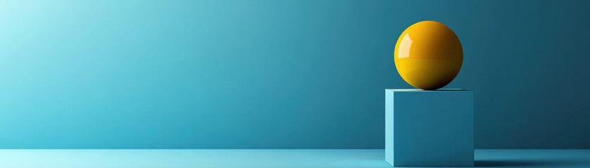 Poster - Minimalistic image of a yellow sphere resting on a blue cube with a gradient blue background, showcasing simple yet elegant design and color contrast.