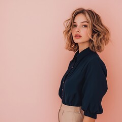 Wall Mural - Young woman with blonde curly hair wearing a blue shirt and beige pants posing against a pink background.