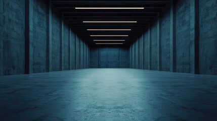Poster - Spacious, empty warehouse with concrete walls and floor, dimly lit by overhead lights, creating an industrial and minimalist setting.