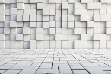 Poster - Abstract  background featuring white geometric cubes in an organized arrangement. Minimalist design showcasing modern architecture and digital concepts.