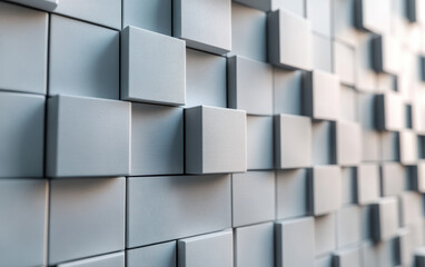 Poster - Abstract   of a geometric pattern with raised cubes, creating a modern, textured, and dynamic visual effect in soft gray tones.