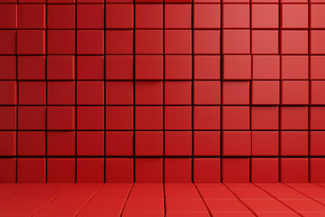 Wall Mural - Red  cubes forming a geometric wall. Minimalist design with repeated cube patterns creating a modern visual effect. Great for backgrounds and designs.