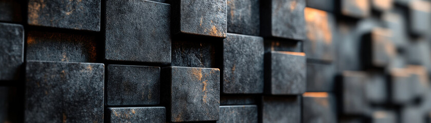 Poster - Abstract image of dark textured squares on a wall creating a modern and industrial feel with unique lighting effects.