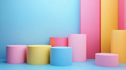 Poster - Colorful geometric shapes arrangement against pastel background. Aesthetic abstract scene with various cylinders and rectangular blocks.