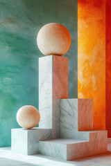 Poster - Modern abstract composition with geometric shapes and colorful textured background, featuring marble pillars and round spheres in a minimalist setting.