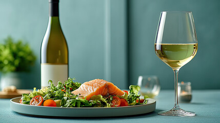 A glass of white wine and a bottle on the table with a salmon salad in a modern kitchen, against a light blue background