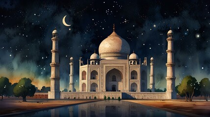 Panorama view of Taj Mahal at starry night. Night ancient arab city in desert, east architecture in oasis.