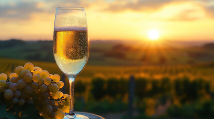 A glass of champagne with white grapes against the backdrop of an endless vineyard at sunset