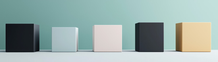 Poster - Five minimalist blocks in various sizes and colors against a pastel background, showcasing simplicity and modern design.