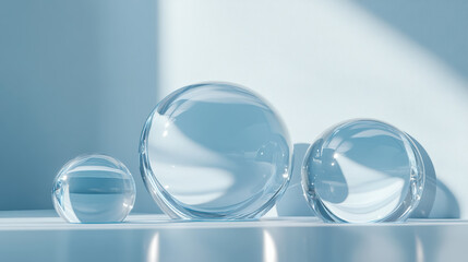 Poster - Minimalist composition of three glass spheres on a light blue surface with soft natural lighting and shadows, creating a serene and elegant visual.