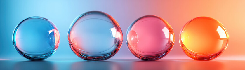 Poster - Four colorful glass spheres with reflections on a gradient background, showcasing a blend of blue, pink, and orange hues.