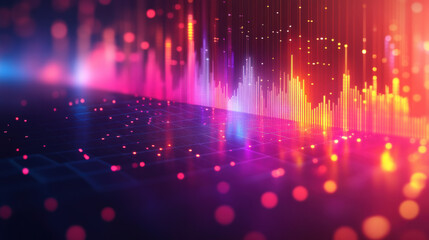 Poster - Abstract digital background with vibrant neon lights and futuristic soundwave patterns in a dark setting, reflecting a modern tech vibe.