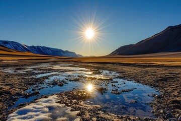 Aufkleber - Melted glaciers create shimmering reflections in pools, showcasing the impact of rising temperatures and climate change on the landscape. Generative AI