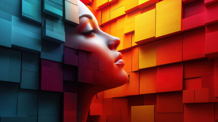 Poster - Vibrant artistic composition with abstract geometric cubes, featuring a serene female profile in a bold, colorful landscape.