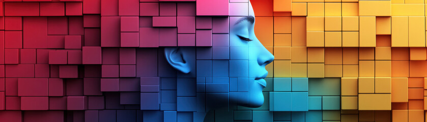 Poster - Abstract digital art of a human face integrated into colorful geometric blocks, showcasing vibrant hues and a unique modern aesthetic.