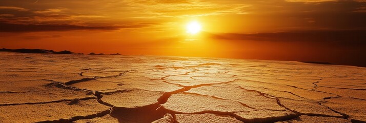 Aufkleber - The landscape shows cracked earth under a glowing sun, emphasizing the effects of climate change and the melting Arctic glaciers. Generative AI