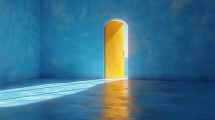 Leinwandbilder - Bright yellow light in a modern blue room behind the opening door metaphor opportunity minimal 3D render.