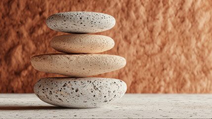 Wall Mural - A serene stack of smooth balanced stones against a textured brown background, representing harmony and tranquility in a minimalist style.