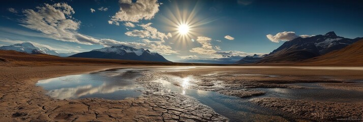 Aufkleber - Declining glaciers highlight the severe effects of climate change, showcasing arid land beneath a bright sun in a vast desert. Generative AI