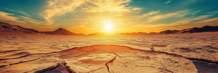 Aufkleber - The sun casts a warm glow over a cracked, dry desert landscape, illustrating the stark realities of climate change and melting glaciers. Generative AI