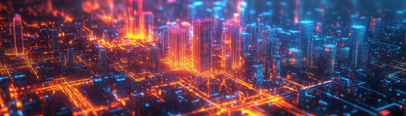 Aufkleber - Futuristic cityscape with glowing neon lights and digital grids, showcasing advanced technology and modern urban development at night.