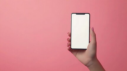 Poster - A Hand Holding a Smartphone with a White Screen Against a Pink Background