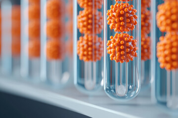 Poster - Close-up of intricate molecular structures suspended in clear test tubes, showcasing vibrant orange particles against a scientific backdrop.