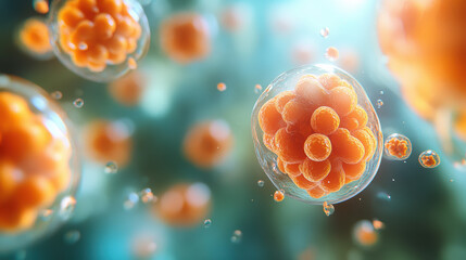 Poster - Close-up of cells division under a microscope. The image captures vibrant colors and intricate details, ideal for scientific and educational purposes.