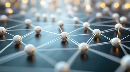 Poster - Abstract image of interconnected spheres with glowing nodes representing a complex network or system, illuminated on a dark background.
