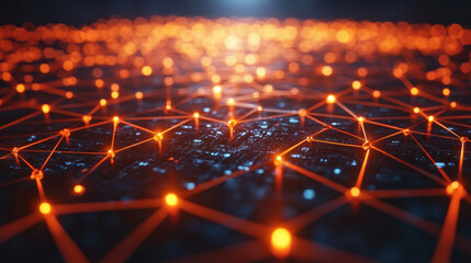 Aufkleber - A glowing network of interconnected nodes and lines on a dark background, representing blockchain, technology, digital connections, and futuristic data exchanges.