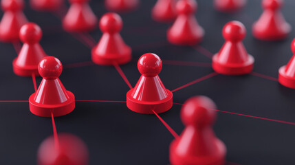 Poster - Close-up of red game pieces connected by lines, symbolizing networking, teamwork, and strategy on a dark background.