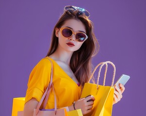 Wall Mural - Young woman in sunglasses, holding shopping bags, using phone for online orders, purple backdrop, copy space.