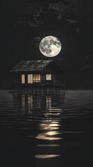 arafed house on stilts in the water with a full moon in the background