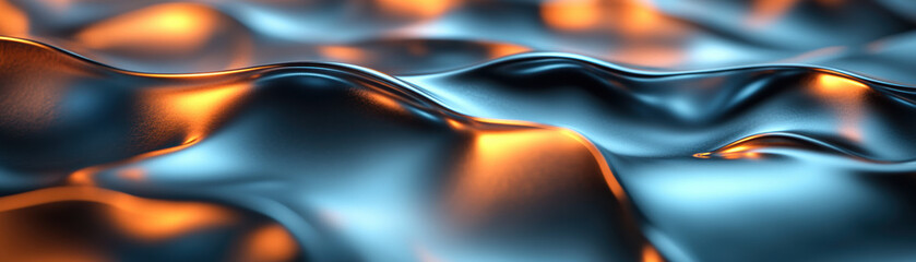 Poster - Abstract image featuring smooth metallic waves in vibrant blue and gold hues, creating a futuristic, fluid and dynamic texture.
