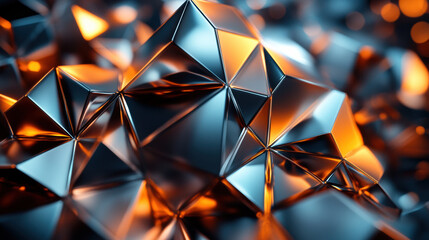 Poster - Abstract geometric background with reflective metallic surfaces and warm orange lighting, creating a modern industrial aesthetic.