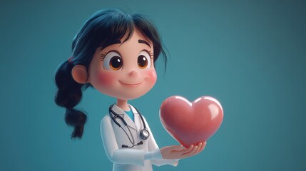 Wall Mural - 3D cartoon character of a cardiologist shows a 3D heart symbol clip art isolated on a blue background for a medical application concept