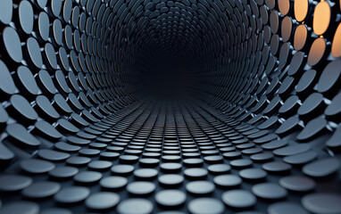 Poster - Abstract   of a tunnel lined with circular elements. Metallic, futuristic, and symmetrical design showcasing depth and modern technology.